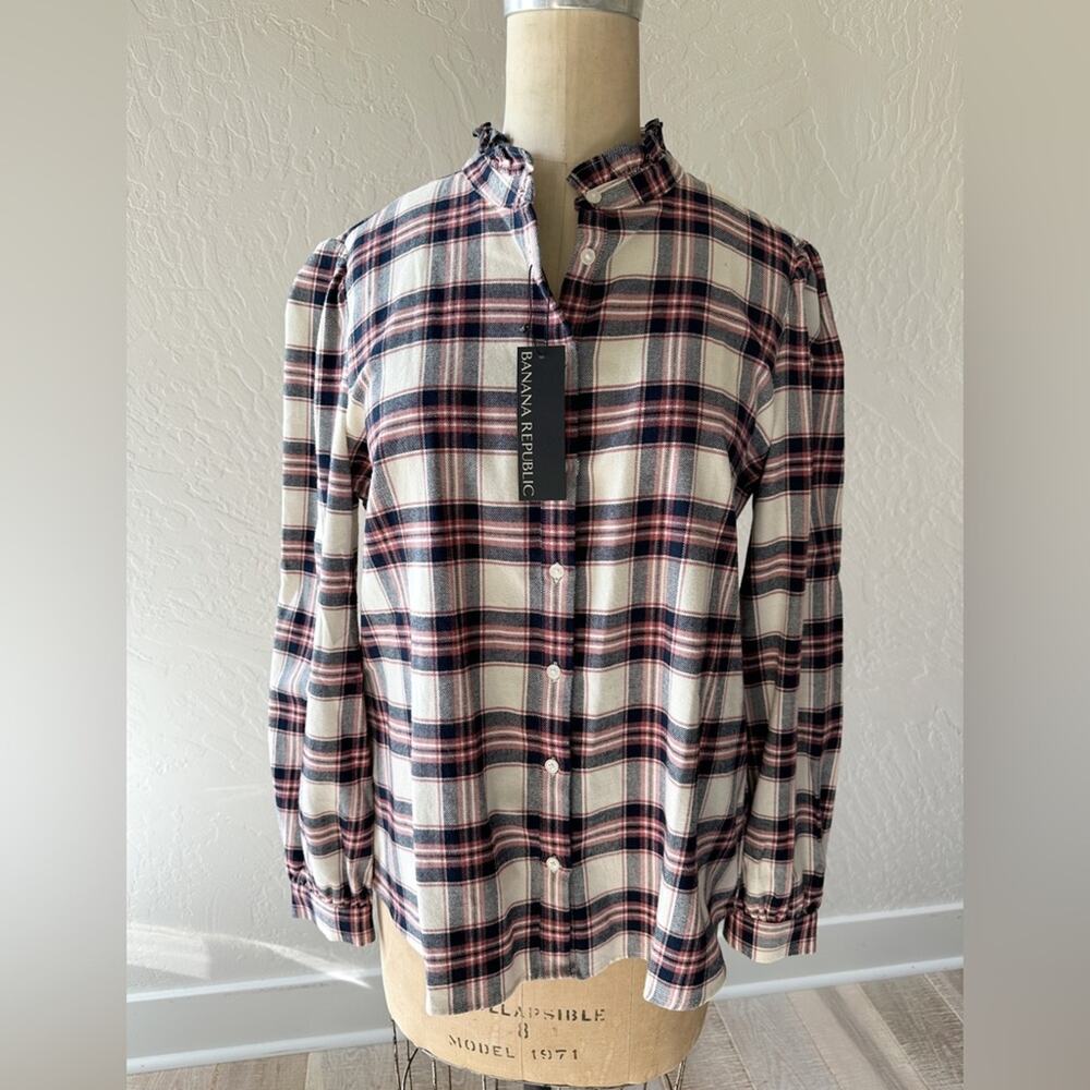 BANANA REPUBLIC | Womens Plaid Ruffle-Collar Flannel Shirt $85 NEW M Retro Look